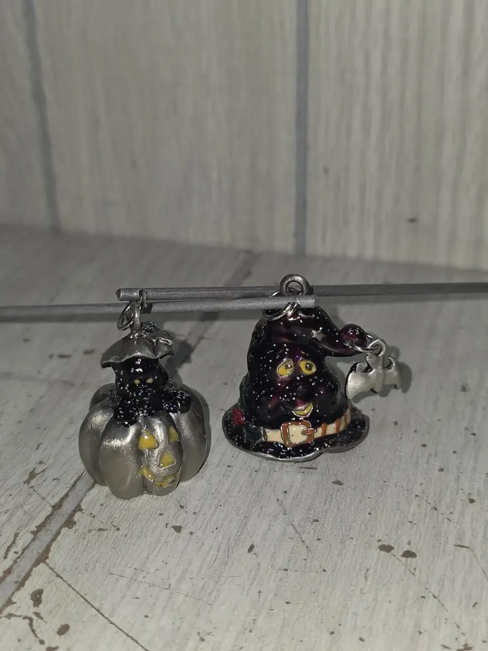 Vintage Enamel Witch Hat & Bat Cat In Pumpkin Halloween Candle Snuffers Festive